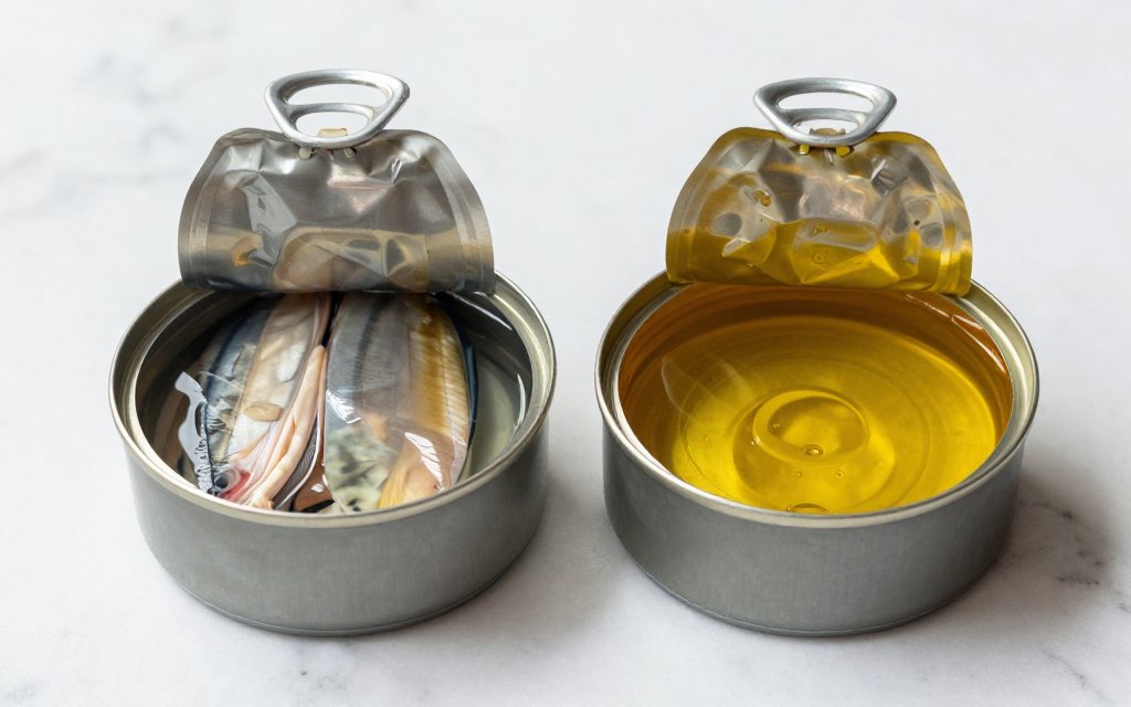 Two open cans of tuna side by side, one in water and one in oil, comparing canned tuna calories