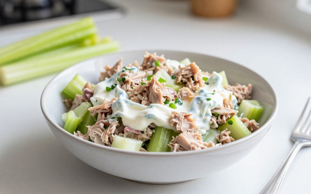 A bowl of tuna salad made with Greek yogurt on a kitchen table, a lower calorie way to eat tuna