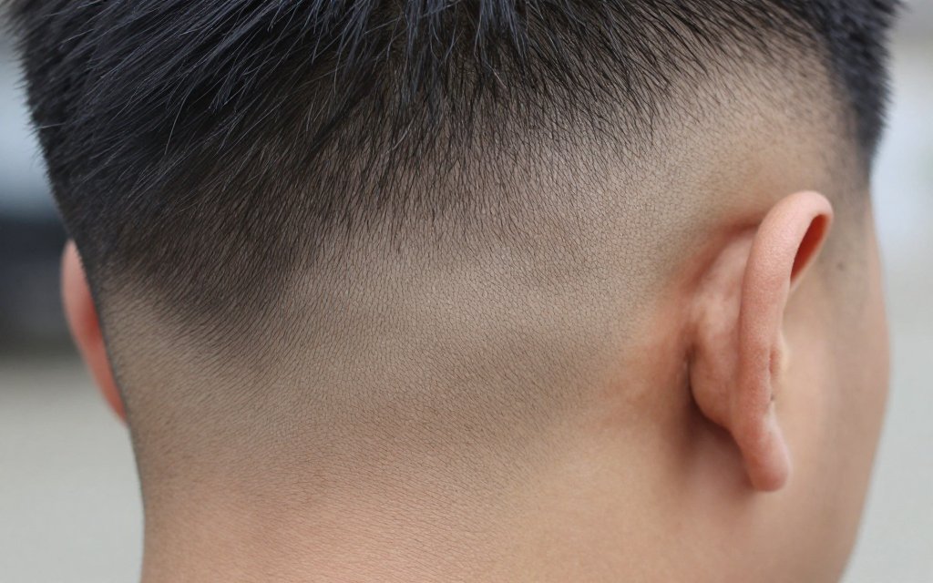 Close-up of a low fade blending from bare skin into short hair