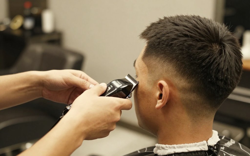 Barber blending a low taper fade with clippers in a barbershop