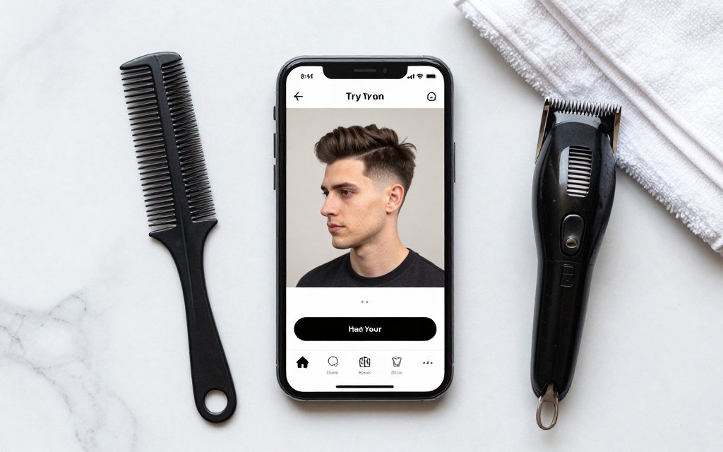 Phone previewing a low fade hairstyle beside clippers and a comb