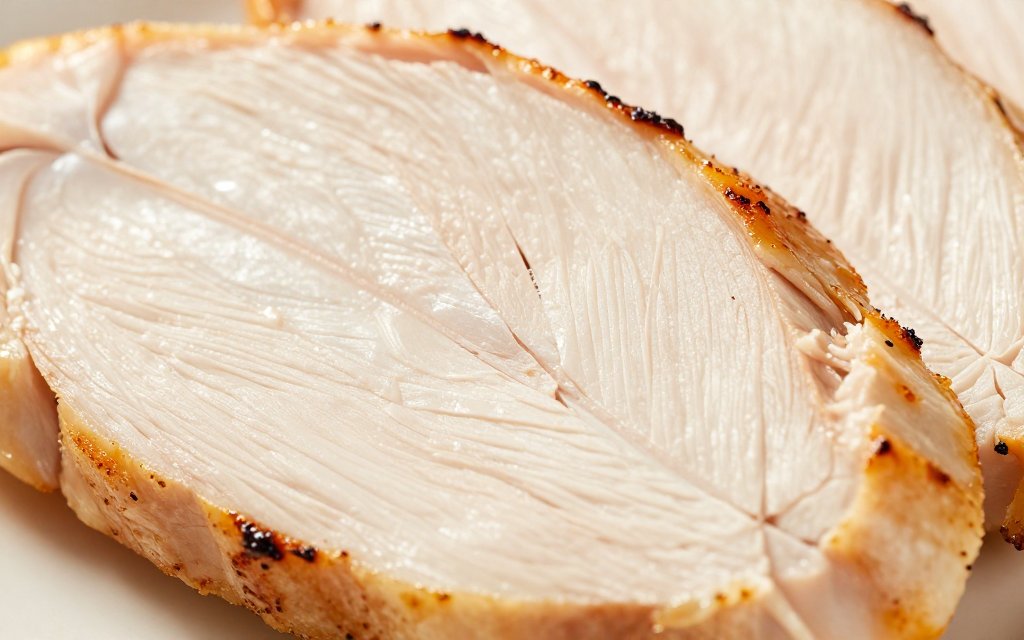 Macro close-up of cooked chicken breast showing lean texture and high chicken breast protein.