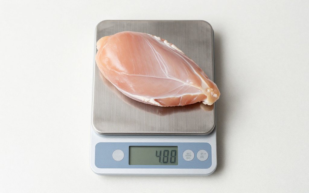Raw chicken breast on a food scale to weigh a 4 oz chicken breast protein portion.