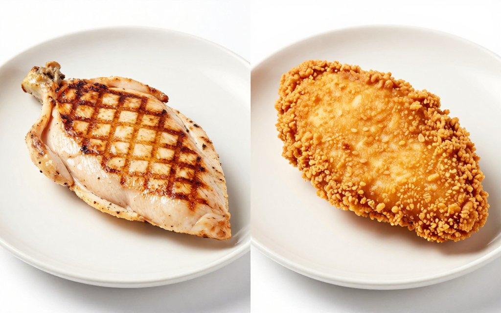 Grilled chicken breast beside a breaded fried piece comparing grilled chicken breast calories.