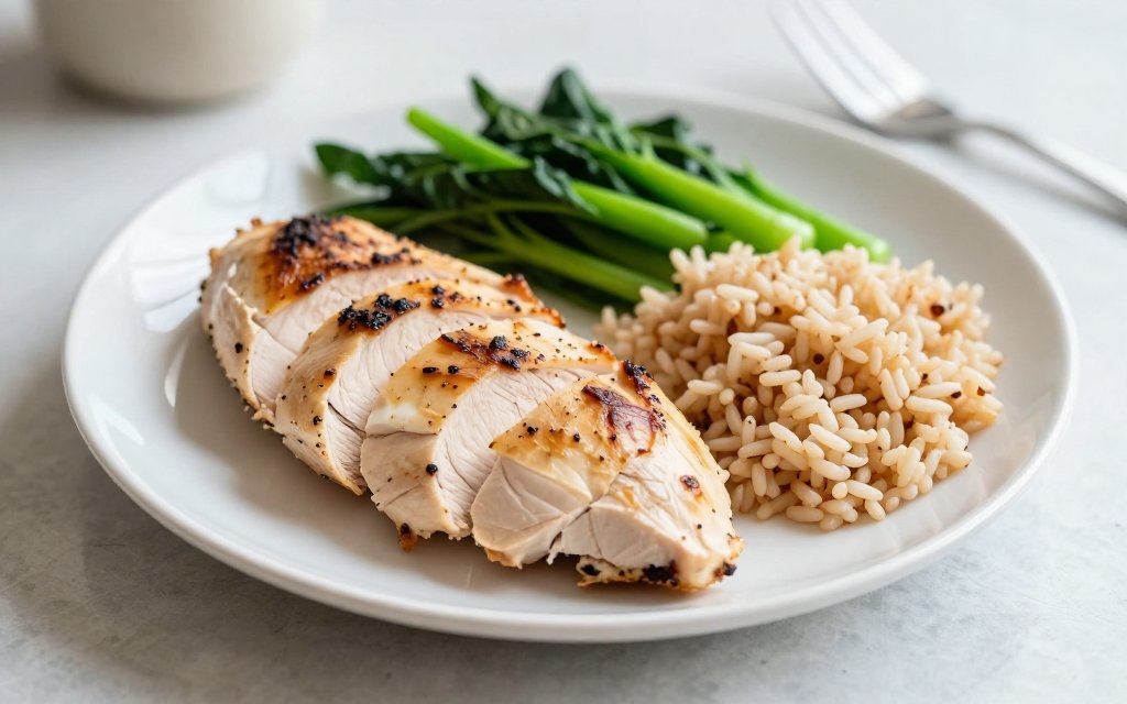 Balanced dinner plate with sliced chicken breast, vegetables and rice for a high protein meal.