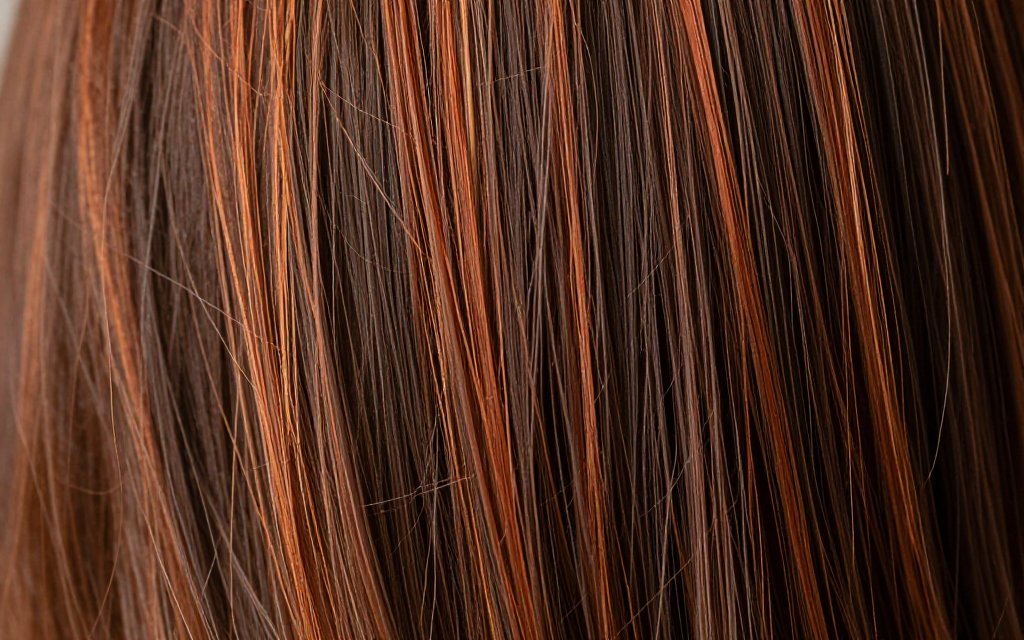 Macro of copper ribbons woven through a dark brown hair base