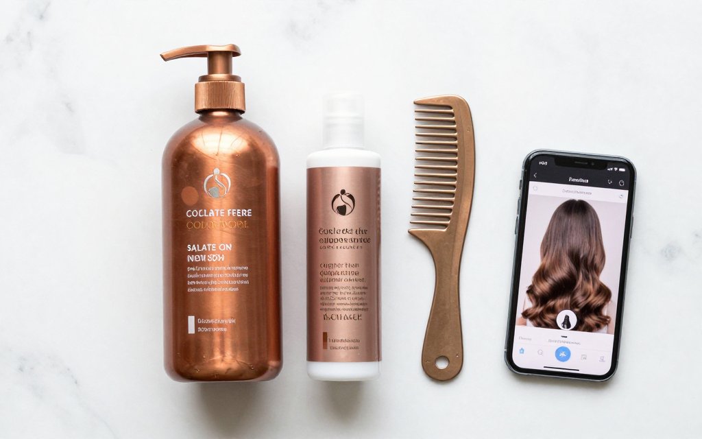 Flat lay of color safe products for copper treated brown hair