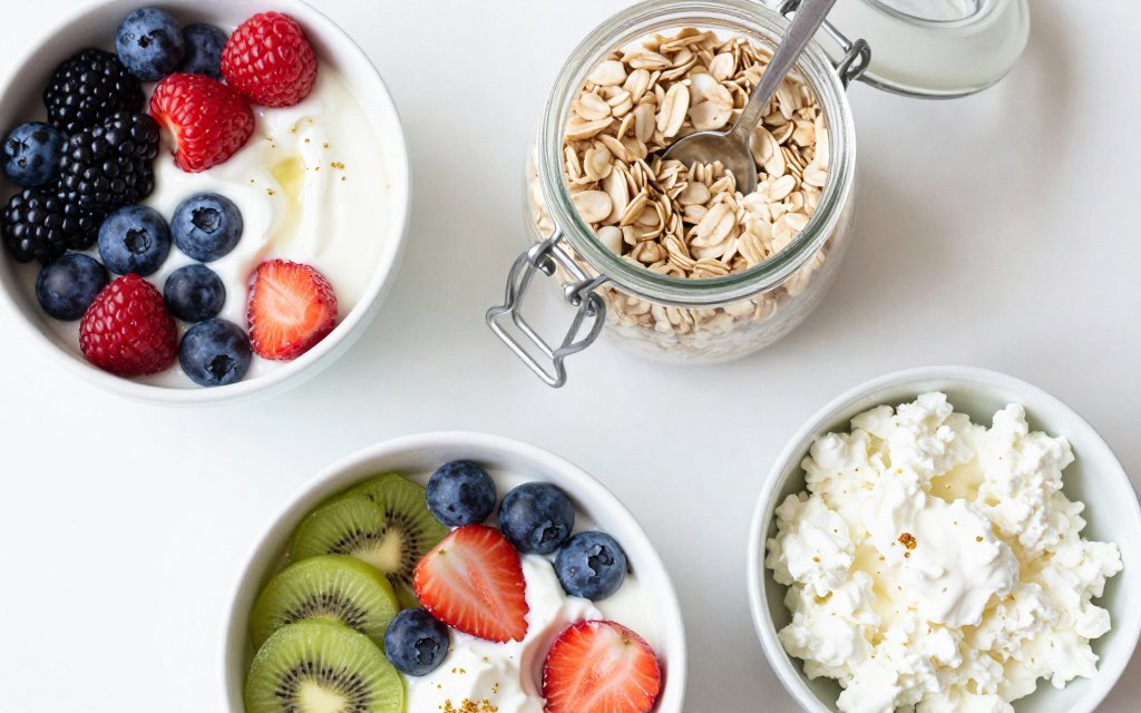 A top down spread of egg free high protein breakfast recipes on a bright table