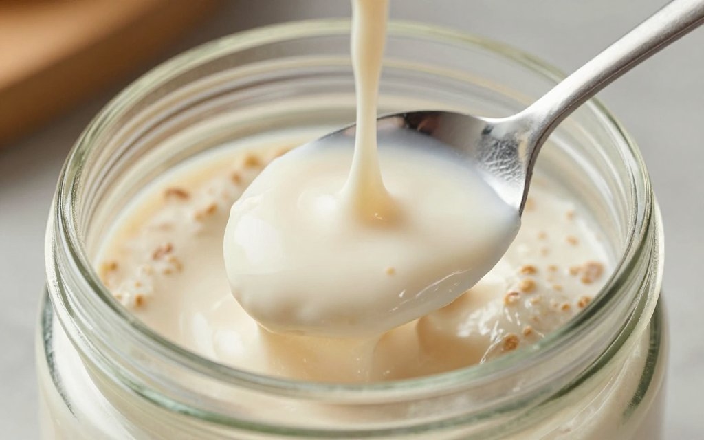 Protein powder being stirred into a jar of overnight oats for a protein rich breakfast