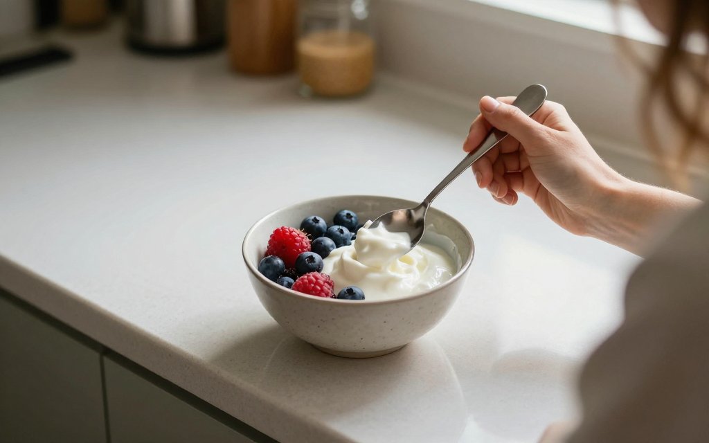 A person eating a Greek yogurt and berry bowl for a high protein breakfast