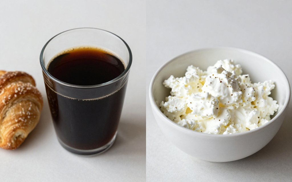 A plain coffee and pastry next to a high protein breakfast bowl for comparison