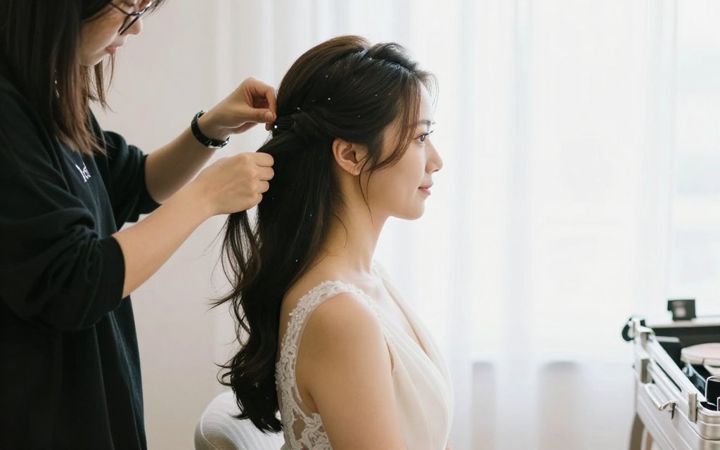 Stylist shaping wedding hairstyles for long hair at a salon station