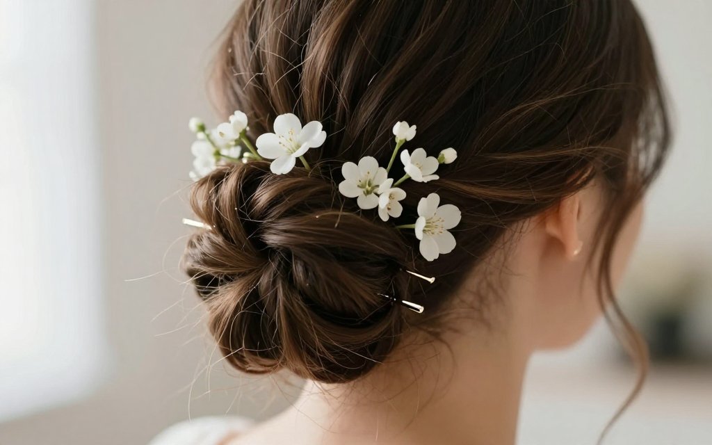 Close-up of a low bridal updo secured with pins and small flowers