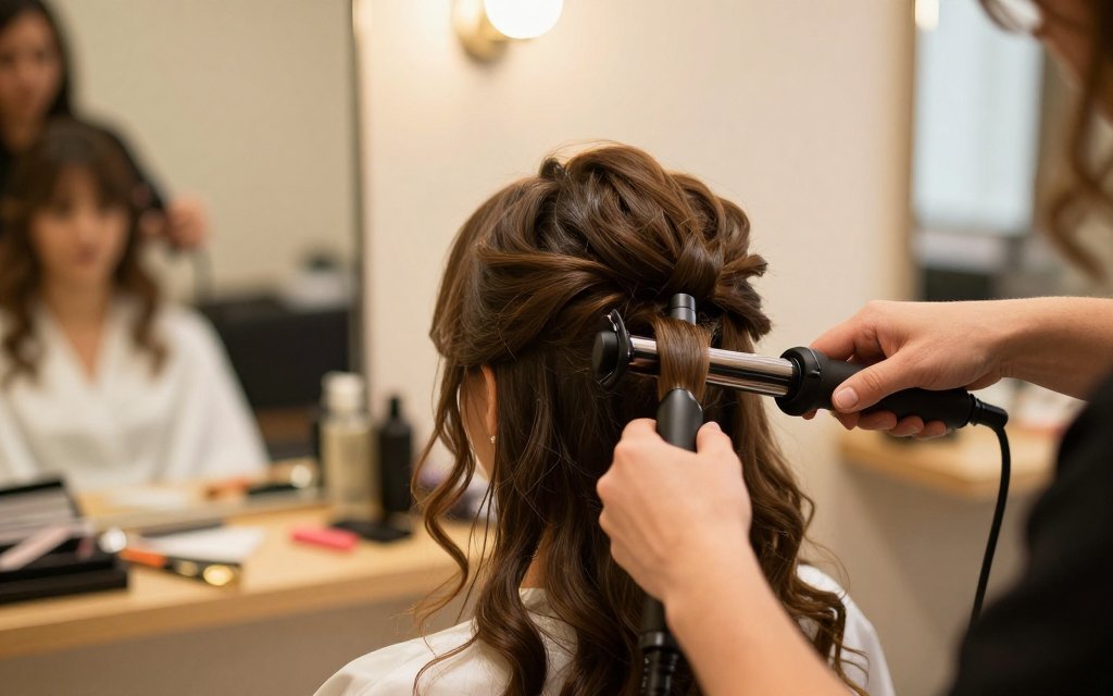 Hairstylist styling bridal hair with a curling iron before a wedding