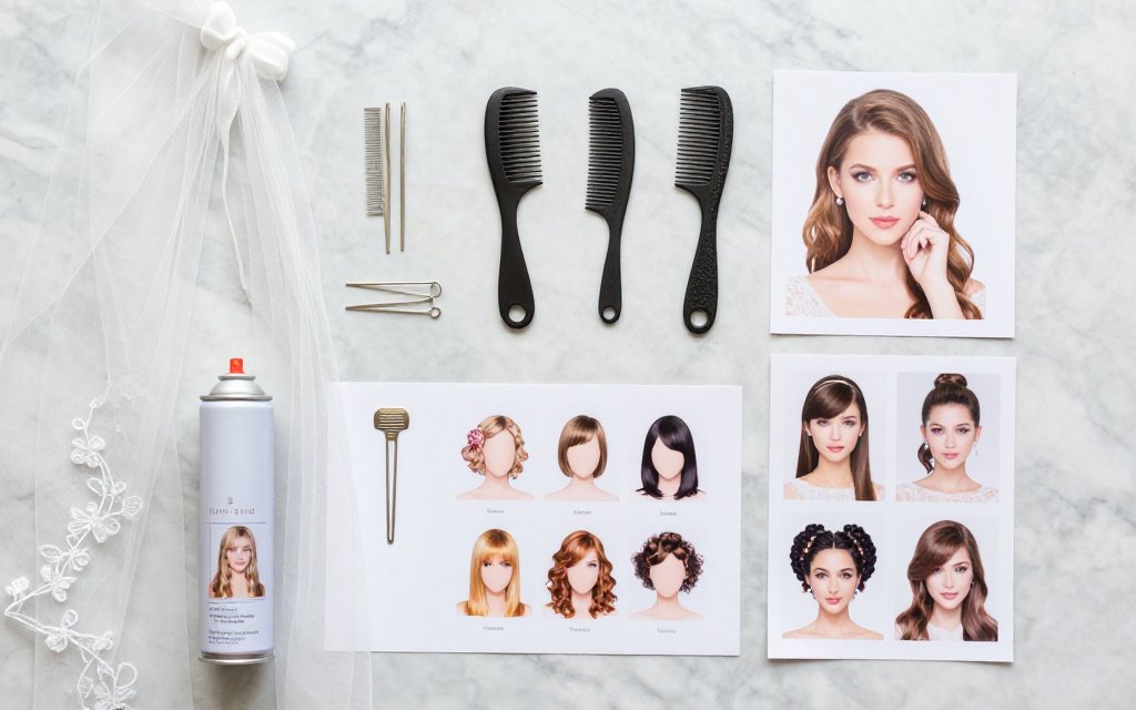 Flat lay of a veil, combs, and pins for a wedding hair trial
