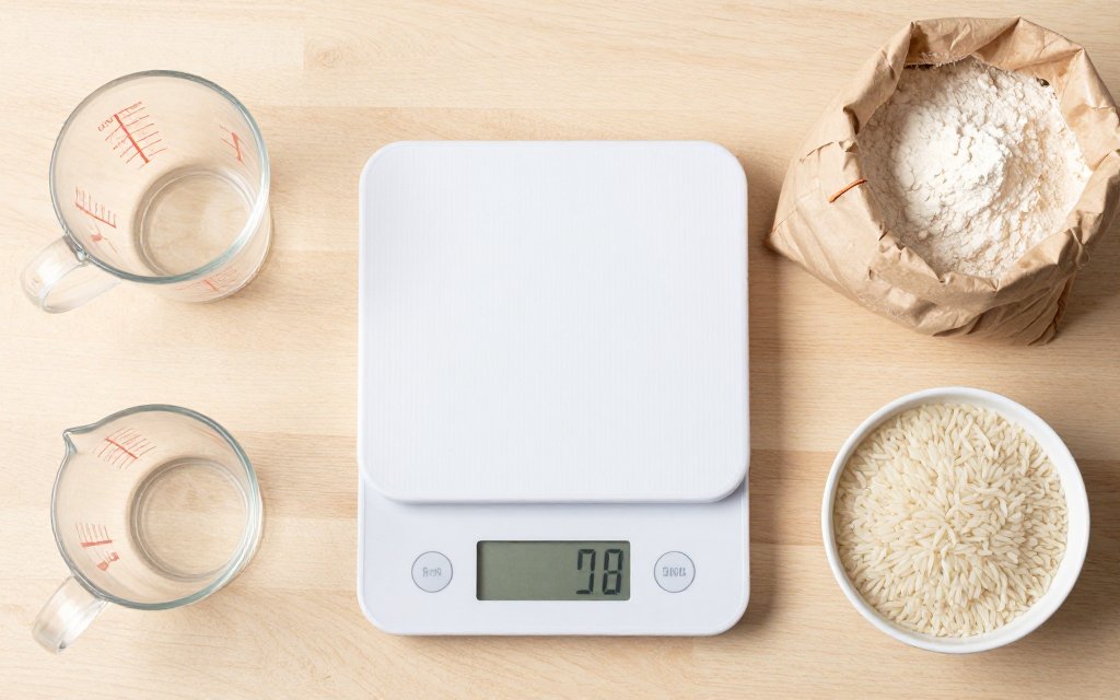 Top down kitchen scale and staples for using a pounds to grams chart while cooking