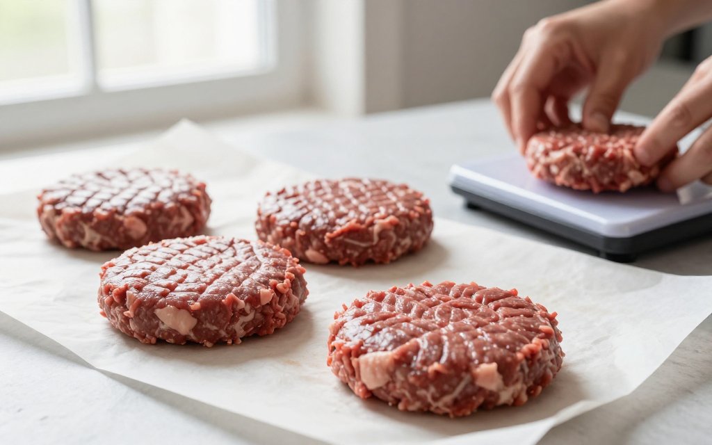 Raw quarter pound beef patties by a scale showing a quarter pound in grams