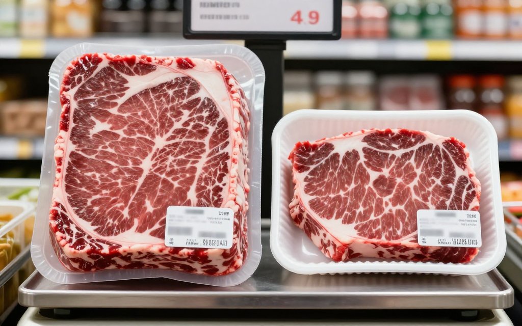 Two beef packs compared by grams per pound to find the cheaper unit price