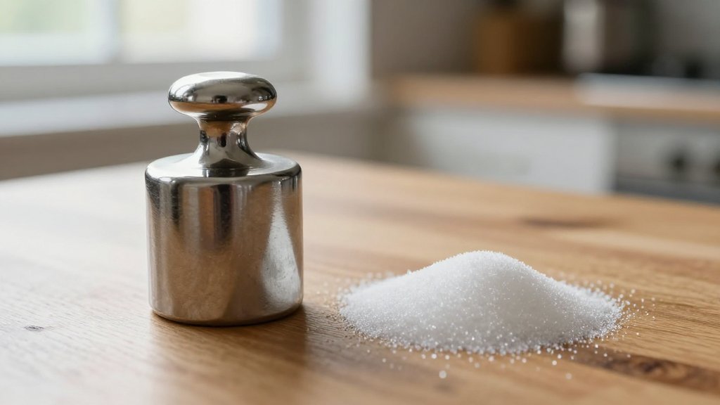 A one pound calibration weight beside a small pile of sugar showing grams in a pound