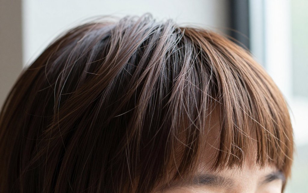 Close up of textured layers on a fine hair pixie cut showing root lift