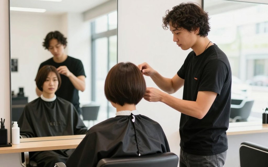 Stylist shaping a short pixie to suit a round face shape in a salon