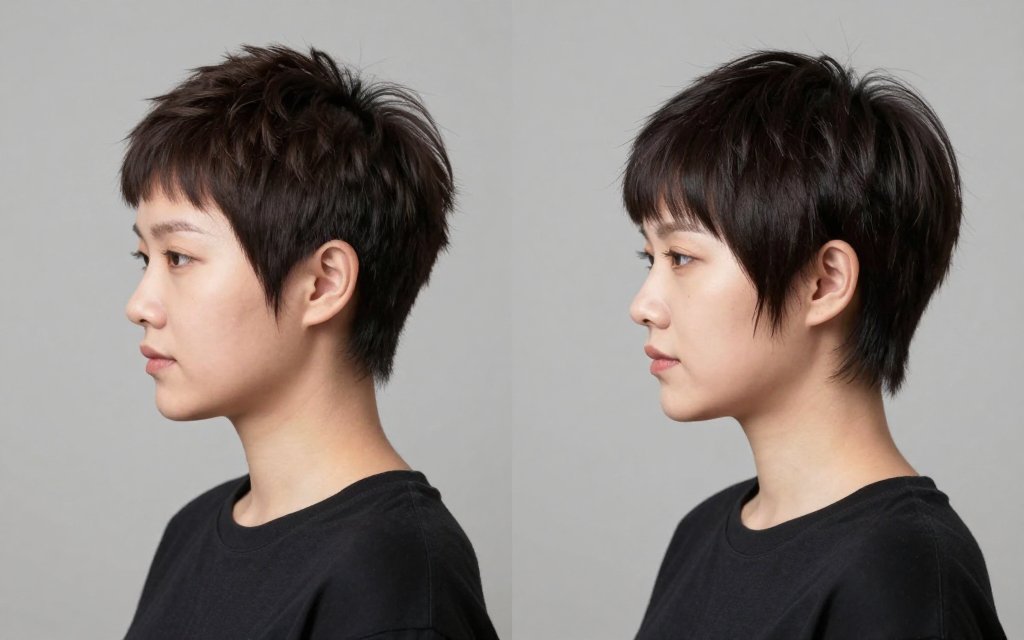 Comparison of a short pixie and a longer grown out pixie on one woman