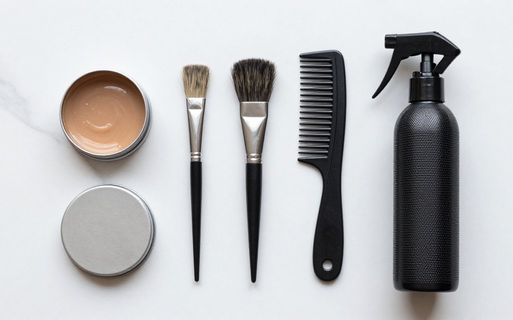 Flat lay of styling products used to style a pixie at home