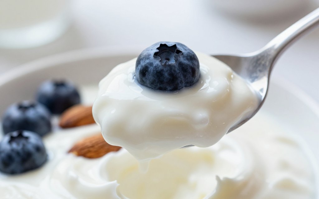 Macro shot of high protein Greek yogurt with blueberries, a filling low calorie snack.