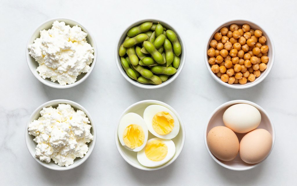 Top-down flat lay of high protein low calorie snacks including cottage cheese, edamame, and eggs.