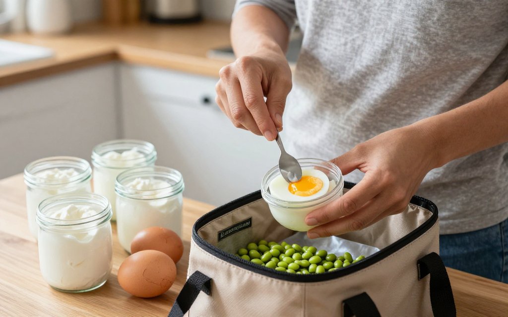 Person prepping high protein snack ideas like yogurt jars and eggs for the week.
