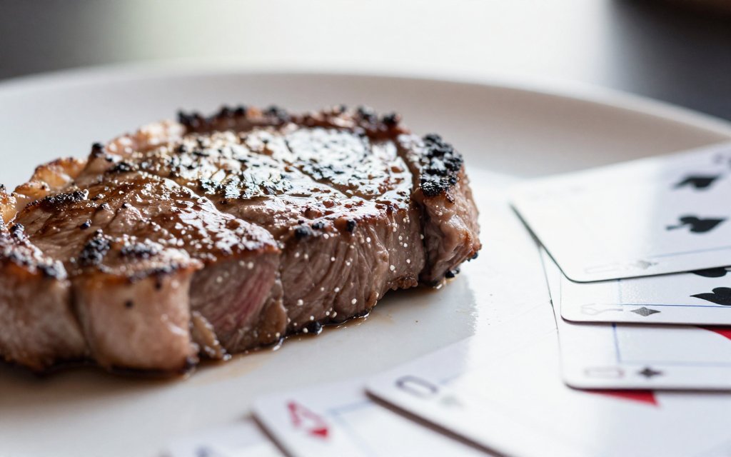 A 3 ounce cooked steak serving next to a deck of cards, showing the real steak serving size.