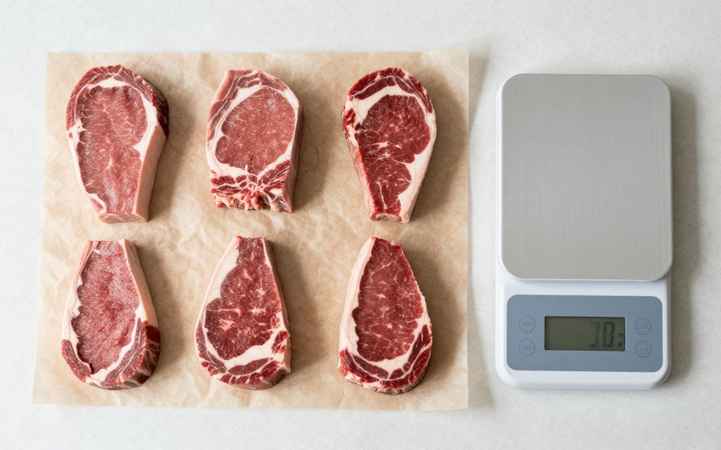Raw steaks arranged on butcher paper with a scale to plan how much steak per person to buy.