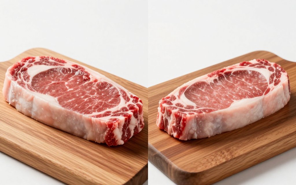 A raw steak beside its cooked, shrunken version showing how the steak portion size changes.