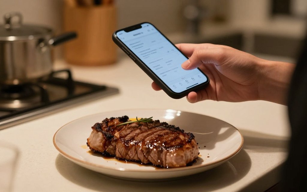 A phone held over a plated steak to estimate steak servings without a kitchen scale.