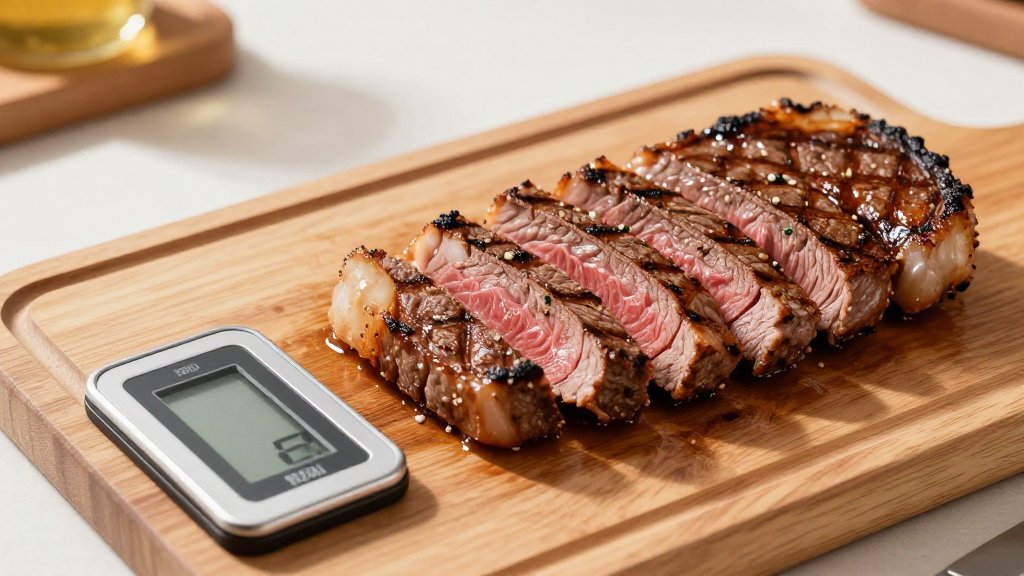 A sliced grilled steak on a board beside a scale in grams, illustrating the real steak serving size.