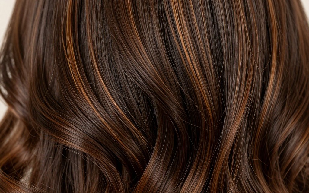 Close up of glossy strands in a dimensional expensive brunette hair color