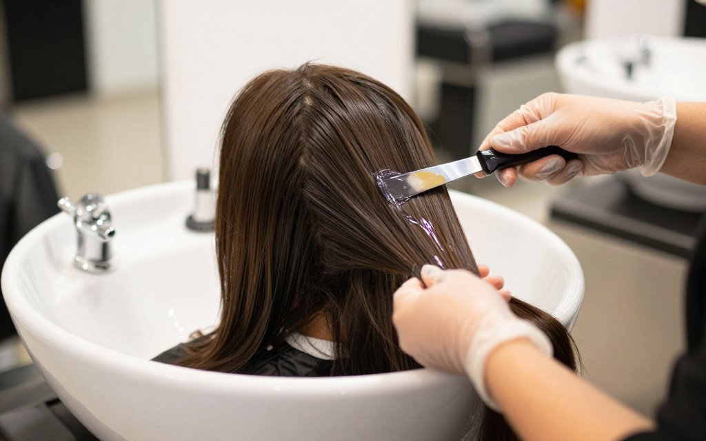 Colorist applying a shine gloss to rich brunette hair at a salon