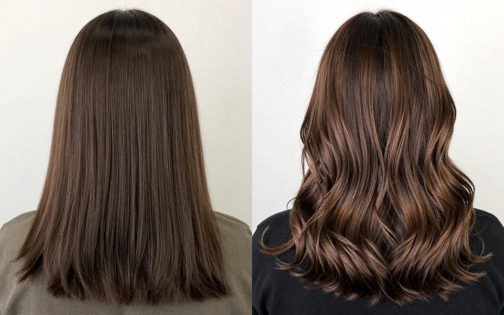 Before and after of flat brown hair versus a glossy dimensional brunette