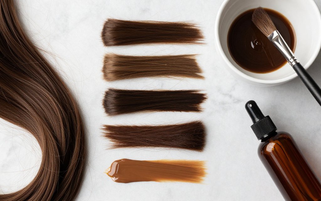 Flat lay of rich brown hair color swatches, gloss bottle and tint brush