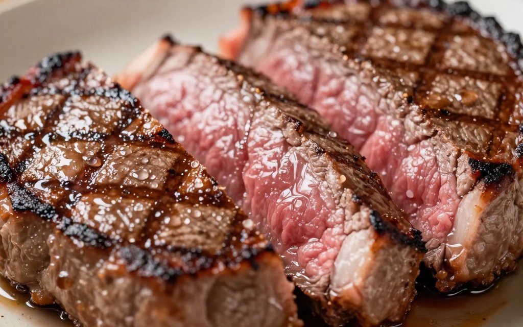 Macro close-up of a sliced grilled steak showing how much protein in steak per ounce