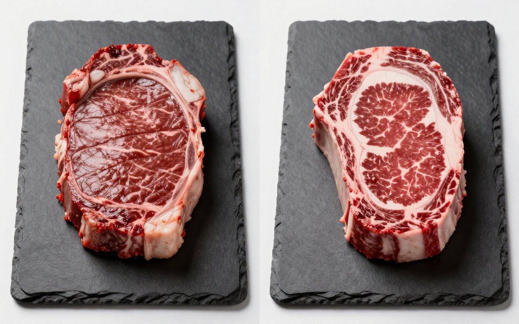 Lean sirloin beside a marbled ribeye comparing steak calories by cut