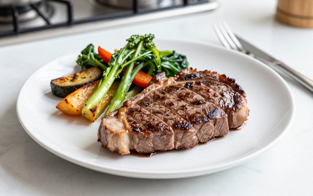 Plated lean sirloin steak with vegetables, a high protein low calorie weight loss meal