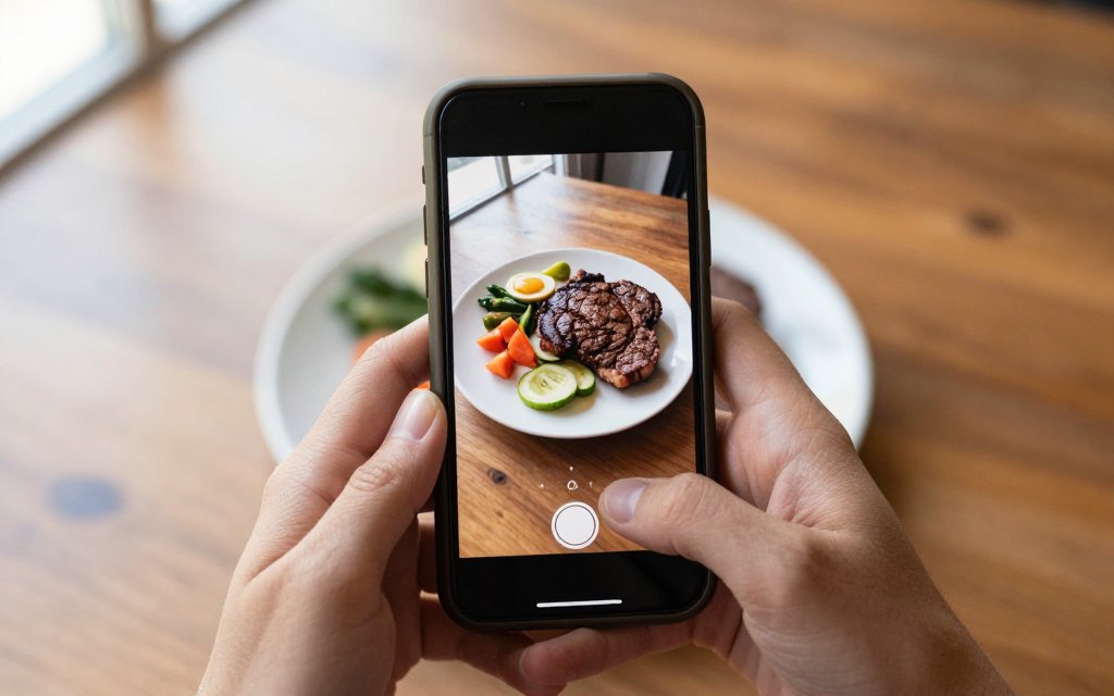 Person photographing a steak with a phone to log steak protein and calories