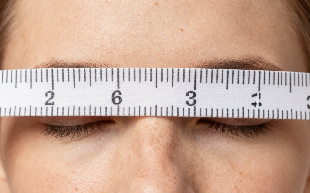 Close up of a tape measure across the cheekbones in a face shape guide