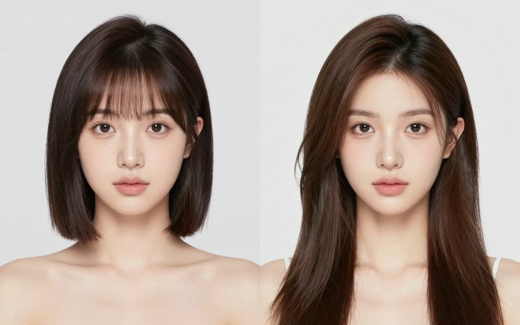 Before and after haircuts for a round face shown side by side