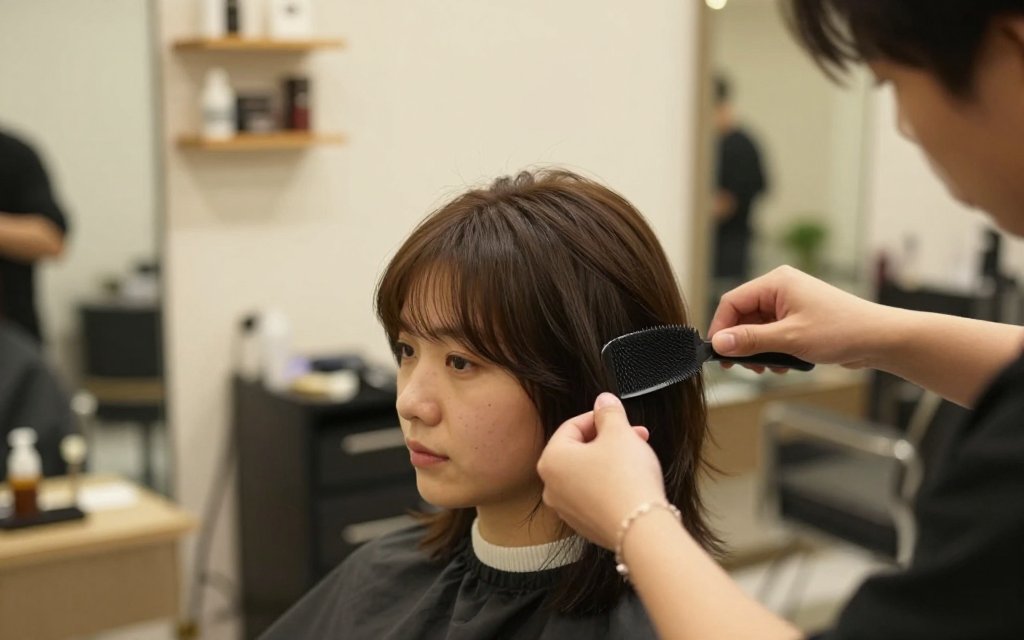 Stylist shaping side-swept bangs to flatter a heart face shape