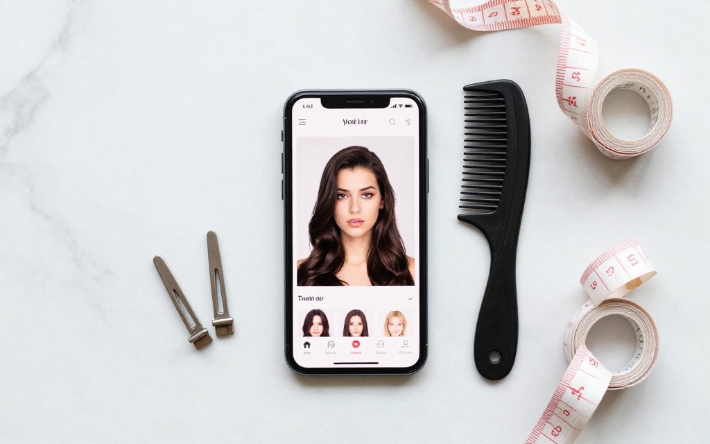 Flat lay of a phone previewing hairstyles for face shape and styling tools