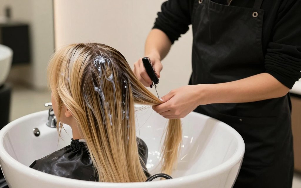 A salon colorist applying a demi permanent hair toner to sectioned blonde hair at the backwash