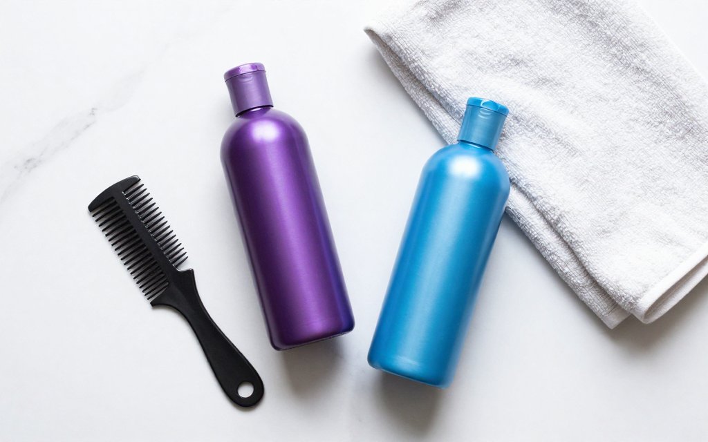 Flat lay of purple shampoo and blue shampoo bottles with a comb used to keep brass away