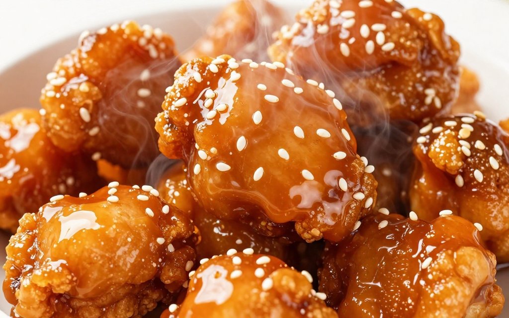 Macro shot of glossy orange chicken, one of the higher calorie Chinese food dishes on a takeout menu